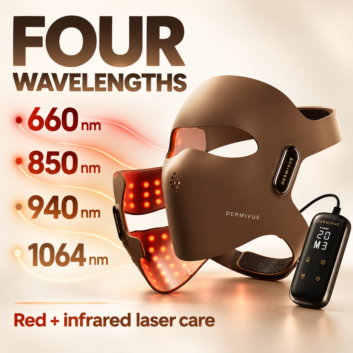 Four wavelengths: 660, 850, 940 and 1064 nm. Red and infrared laser care.