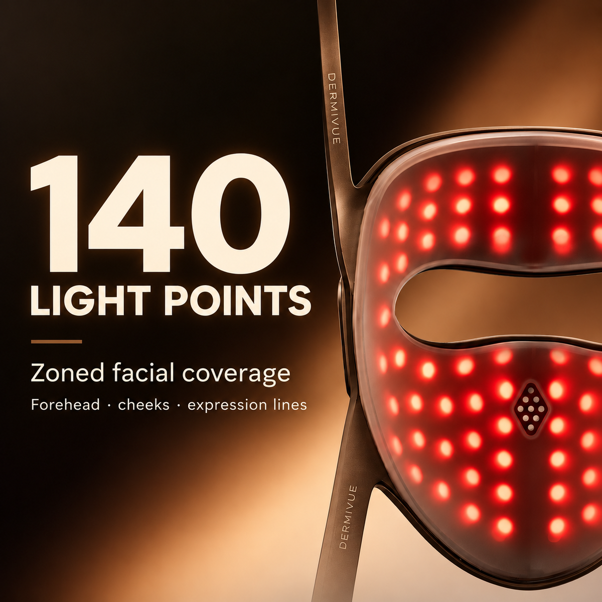 140 light points. Zoned facial coverage for the forehead, cheeks and expression-line areas.