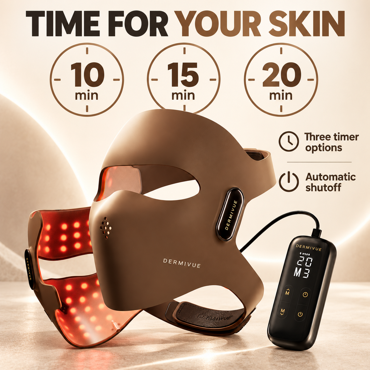 10, 15 and 20 minute timer options with automatic shutoff.