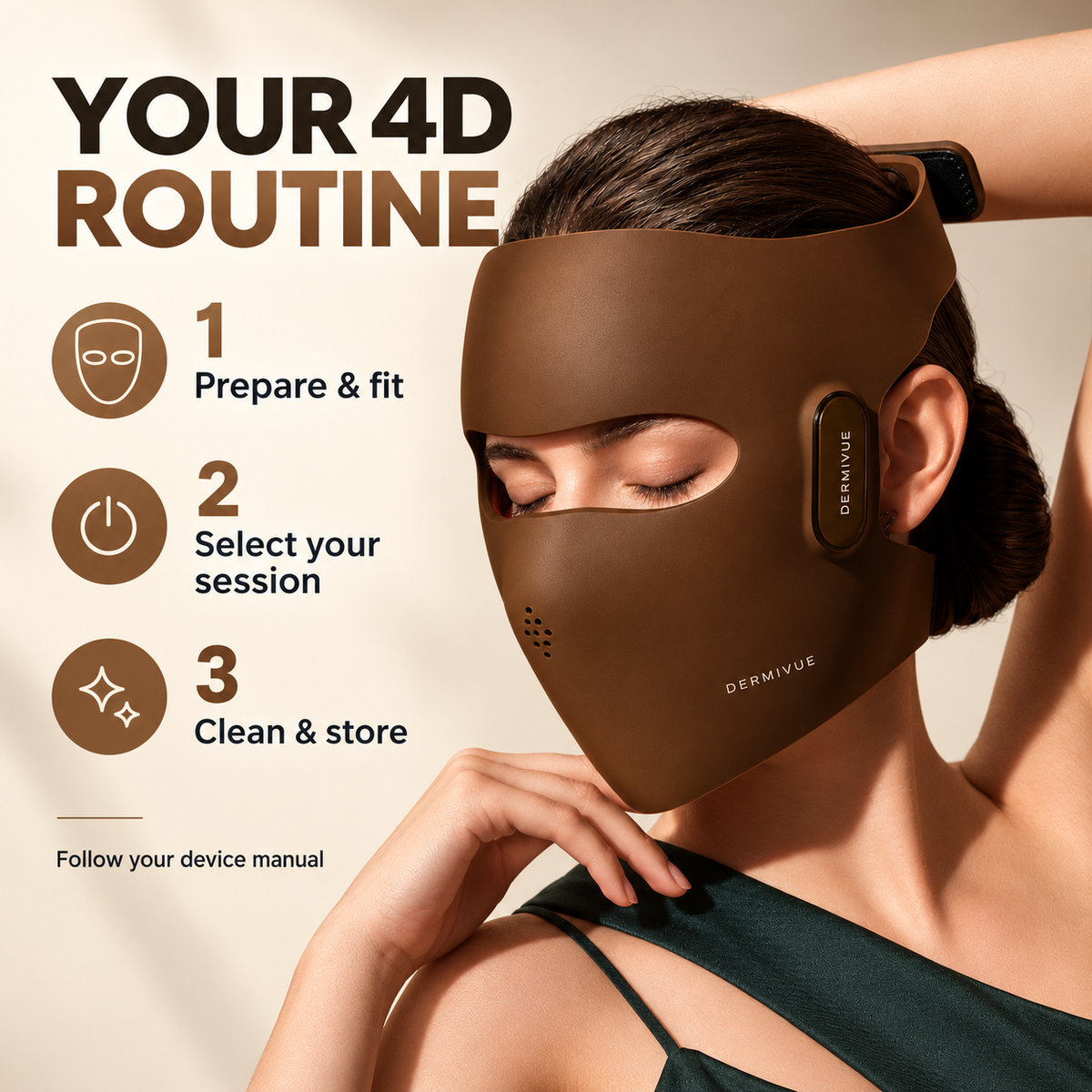 Your 4D routine: prepare and fit, select your session, clean and store. Follow your device manual.