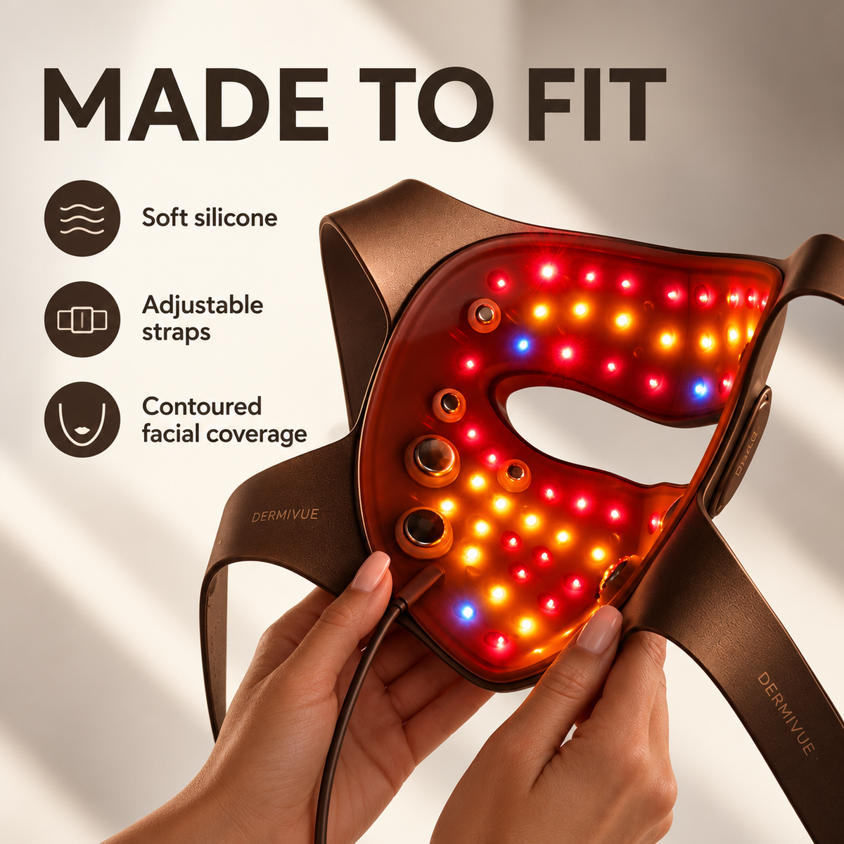 Soft silicone, adjustable straps and contoured facial coverage.