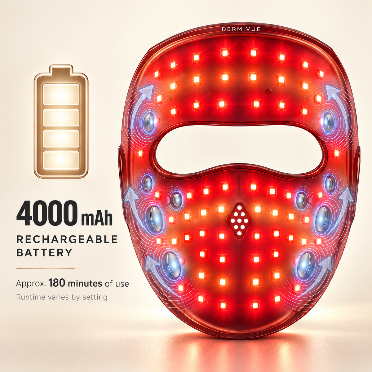 4000 mAh rechargeable battery. Approximately 180 minutes of use; runtime varies by setting.