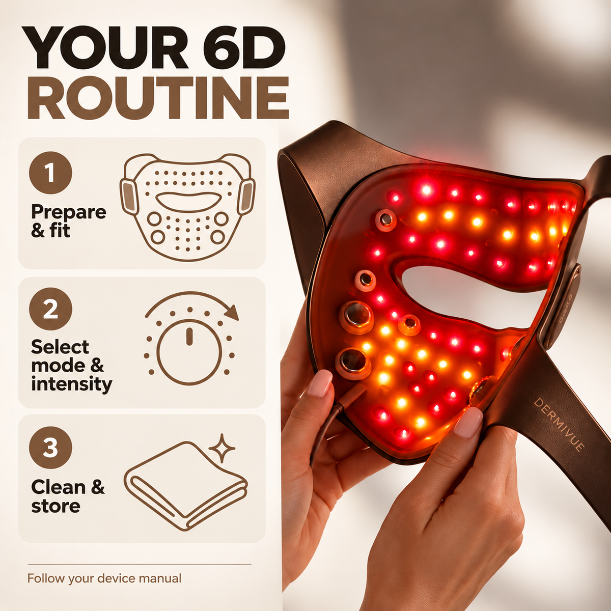 Prepare and fit, select mode and intensity, then clean and store. Follow your device manual.